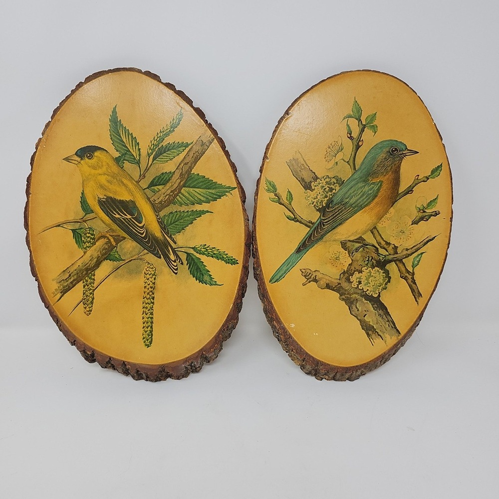 Set of 2 Oval Wood Slice Bird Paintings Goldfinch Bluebird Rustic Wall Folk Art
